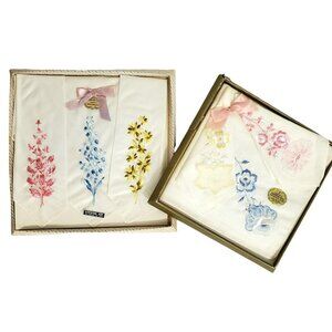 VTG Handkerchiefs Embroidered 2 Sets Flower Daisy Lily Valley Rose Switzerland